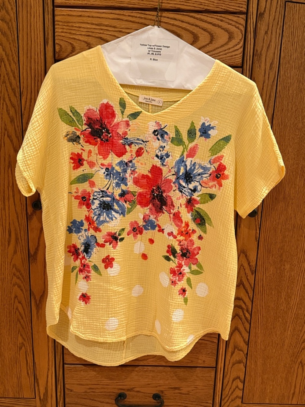 Yellow Floral V-Neck Top with Red & Blue Blooms